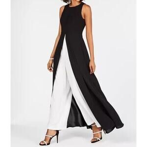 Adrianna Papell Colorblocked Overlay Jumpsuit Size 8 Black And White NWT